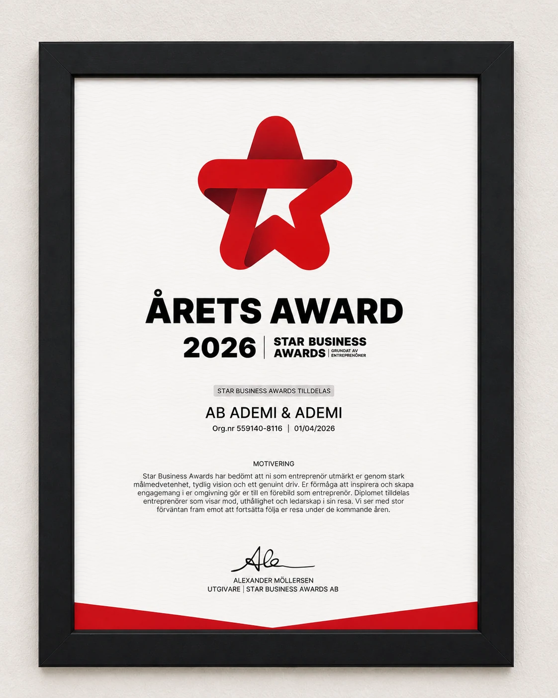 Inramat Star Business Awards diplom till AB Ademi & Ademi 2026