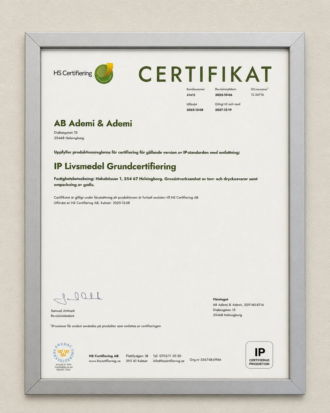 Inramat certifikat för IP Livsmedel Grundcertifiering utfärdat till AB Ademi & Ademi